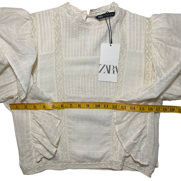 Zara | Women | Ivory Lace Insert Bishop Sleeve Ruffle Top | Size Extra Small - Picture 5 of 10